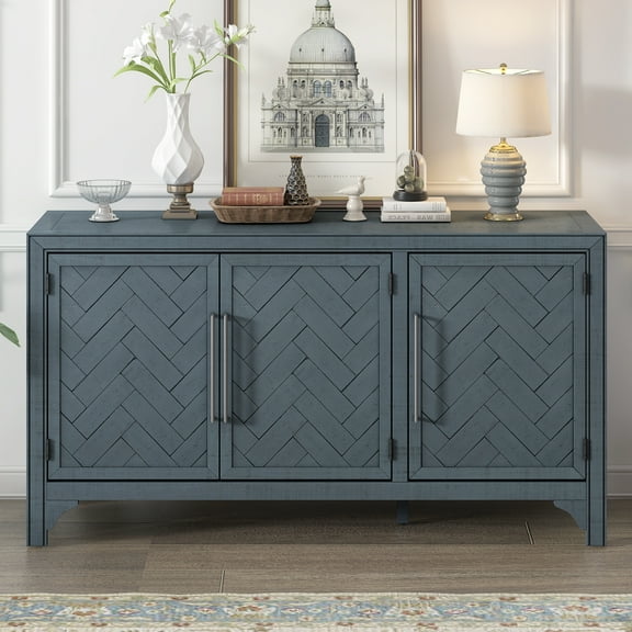 EUROCO 60'' Sideboard Storage Buffet Cabinet, MDF Buffet Cabinet with 3 Doors, Pine veneer and Adjustable Shelves for Living Rooms, Entrance and Study Rooms, Navy Blue