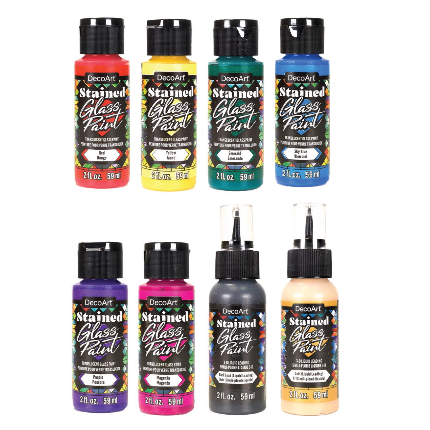DecoArt Stained Glass Acrylic Paint Set, 12-Piece, 2 fl oz each – 10 Transparent Gloss Paints with 2 Liquid Dimensional Leadings for Glass, Windows & Craft Art