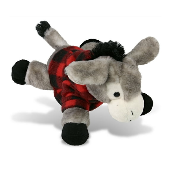 DolliBu Super Soft Lying Grey Donkey Stuffed Animal with Plaid Red Hoodie Sweater - Cute Donkey Plush Lumberjack Stuffed Toy with Plaid Jacket Dress Up for Christmas, Holiday, Winter - 9 Inches