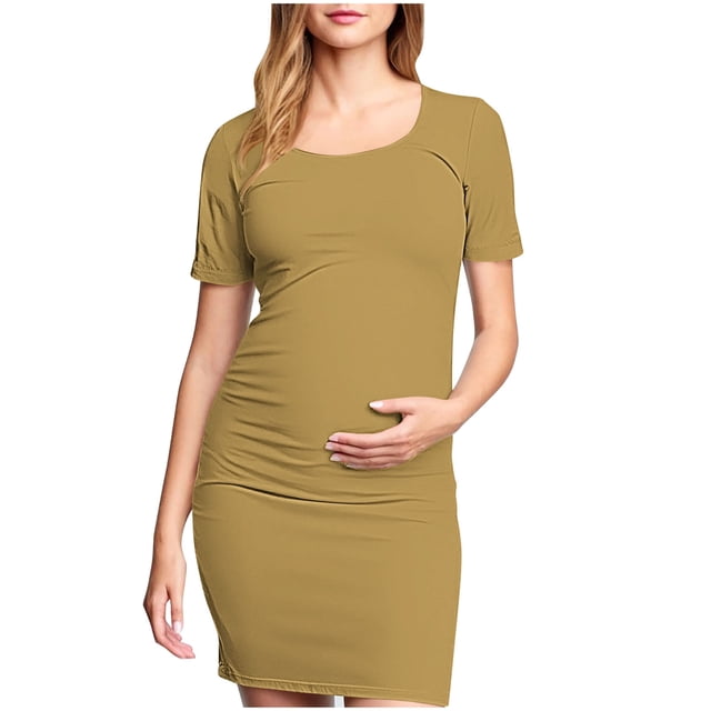 yoeyez Robe de Maternité Été Femmes Manches Courtes Col Rond Robe Soleil Douce Confortable Coton Robes de Grossesse Légère Ample Grande Taille Robe Midi Beige,P