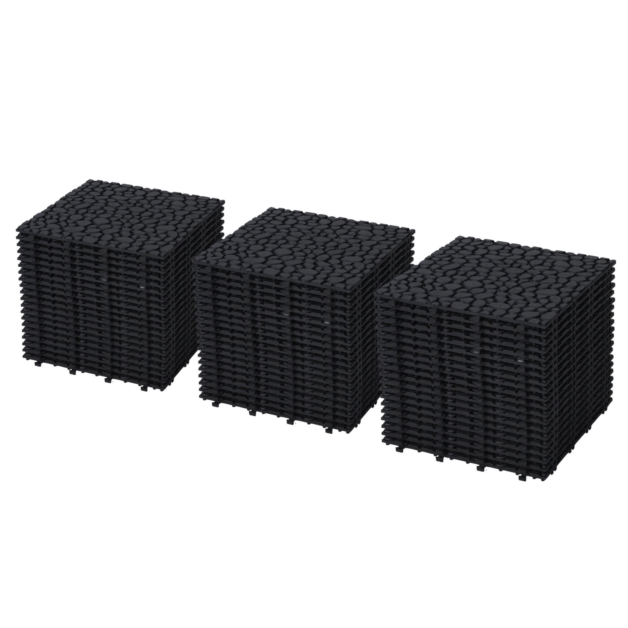 Noble House 12" x 12" Outdoor Anti-slip Interlocking Deck Tiles, Pebble Stone Pattern Waterproof Floor, Black, Set of 60