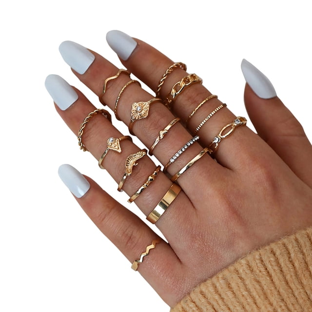 Juego de 17 anillos para mujer Anillos bohemios dorados para niñas Anillos con gemas de cristal Anillos con nudo para adolescentes Fiesta Joyas Fesvital para el día a día Regalo