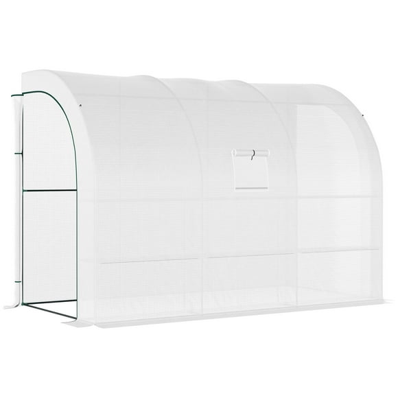 Outsunny Walk-in Wall Lean-to Greenhouse, 10' x 5' x 7' Outdoor Gardening Green House with PE Cover, Windows, Shelves and 2 Zipper Doors, White