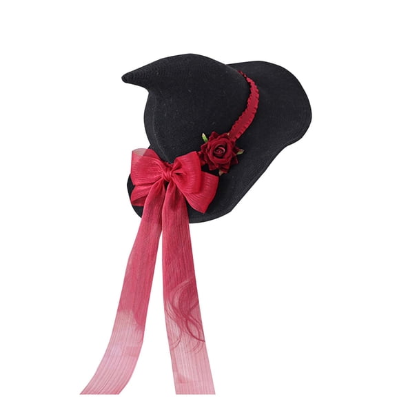 Witch Hat Halloween Witches Hat Cotton Black Witch Hats For Women Adult Wizard Large Mesh Hat Halloween Rose Flower Big Bow Red