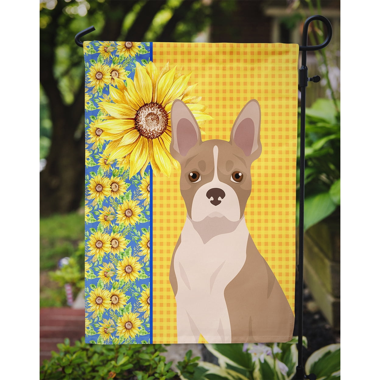 Summer Sunflowers Fawn Boston Terrier Flag Garden Size 11.25 in x 15.5 in