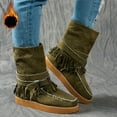 thumbnail image 3 of Rokment Wide Mid Calf Winter Snow Boots for Women Ethnic Boho Fringe Buckles Fringe Fleece Lined Warm Suede Platform Low Heel Fold over Tall Boots Green Size 6, 3 of 6