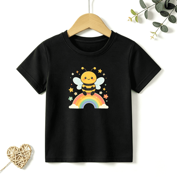 Girls Graphic Tees Bee Rainbow Star Kids T Shirt Cute Animal 100% Cotton Short Sleeve Soft Tops 4-13Y