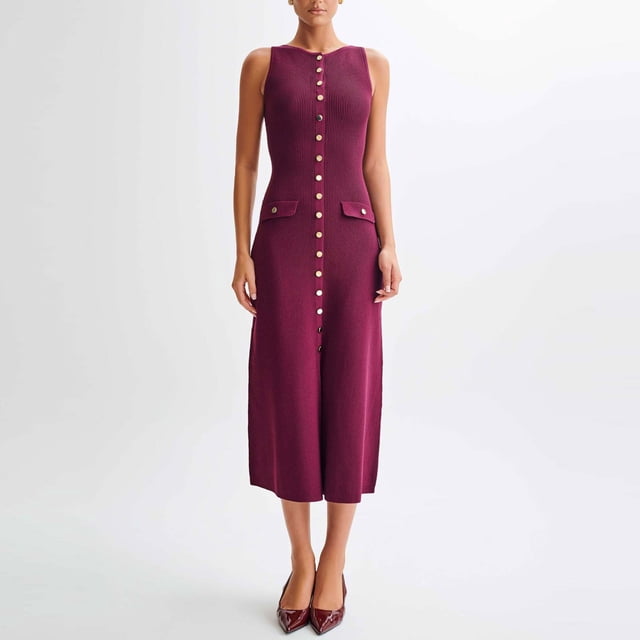 TaTaai Ladies Slim Fit Ribbed Knit Dress Sleeveless Crew Neck Button Front Solid Color Midi Office Casual Elegant Dress Gift