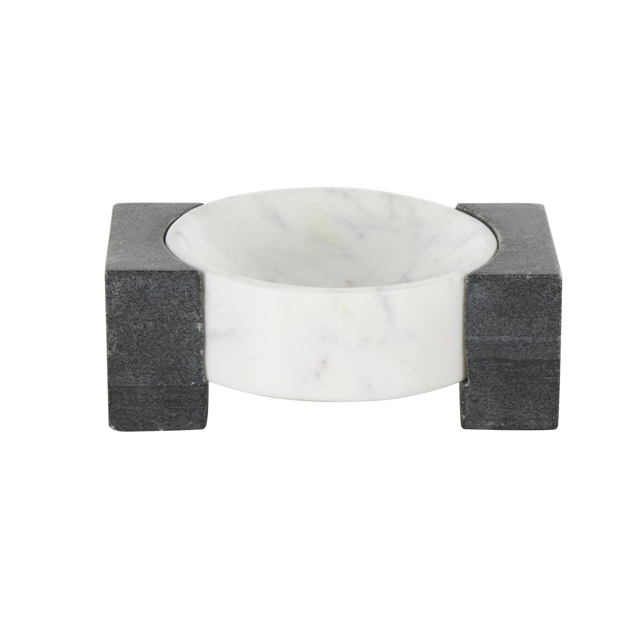 DecMode 8" x 6" White Marble Round Geometric Tray with Black Rectangular Blocks, 1-Piece