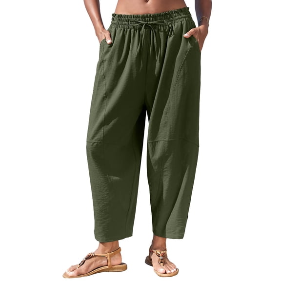 VEKDONE Women's Copped Harem Pants Elastic Waist Drawstring Wide Leg Palazzo Trousers Casual Loose Fit Drastring Barrel Pants with Pockets Army Green S