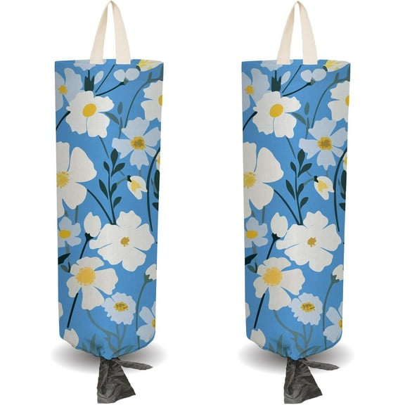 1 Set 2Pcs Blue Floral Plastic Grocery Bag Flower Holder with 4Pcs Hooks Reusable Wall Mount Duty Shopping Storage Bag Sack Canvas Waterproof Washable Organizer Dispenser for Home Kitchen Store