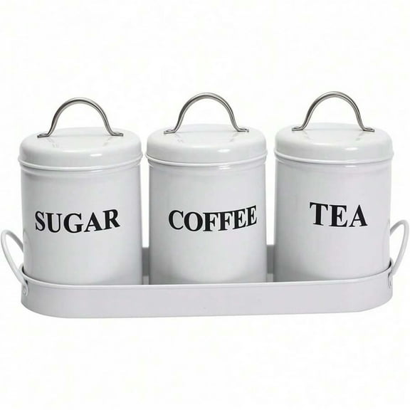 3-Piece Tea Coffee Sugar Canister Set | Vintage Metal Food Storage Jars with Sealing Lids & Metal Tray | White Kitchen Organizers for Home Use