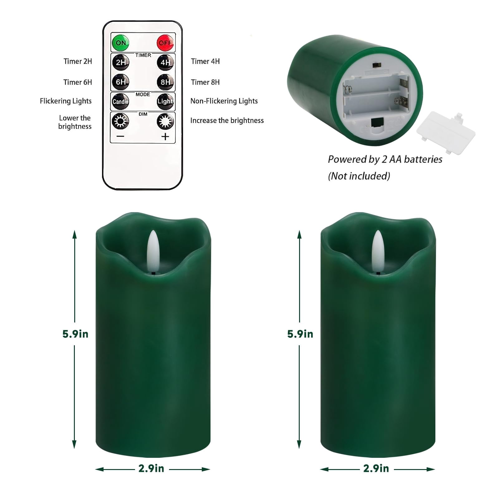 Flameless Candles Light, Set of 2 6"x3" Flickering Christmas Flameless Candles with Remote & Timer, Dimmable Real Wax Pillar Candles Battery Operated, Green Candles for Home Xmas Decor