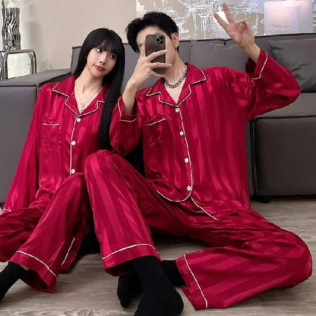 

PIKADINGNIS Young Lover Pajamas Set Satin Women Long-sleeved Spring Autumn Pyjama Loose Men Couple Pijama Set Silk Sleepwear Top+ Men Pant