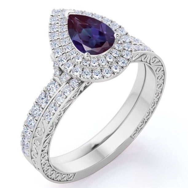 JeenMata Anillo Nupcial Estilo Victoriano con Halo Doble Pavé de 1,75 Quilates de Alejandrita y Moissanita Creada en Laboratorio Engastado en Oro Blanco de 18 K sobre Plata