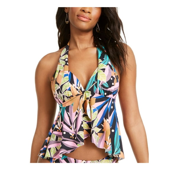 BAR III Women's Multi Color Printed Push-Up High-Low Tie Lined Deep V Neck Ruffled Hidden Jungle Halter Tankini Swimsuit Top S