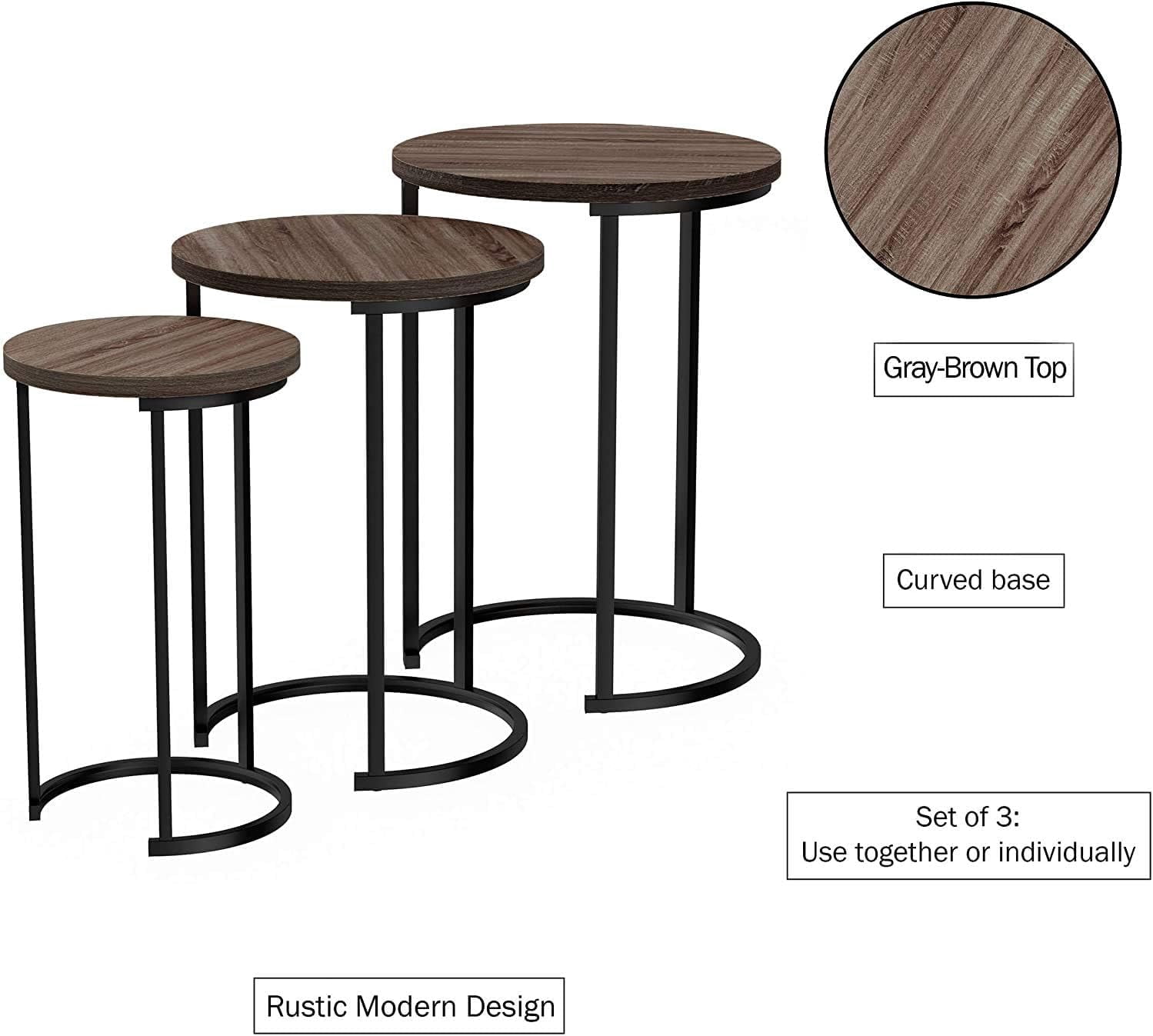 HYGRAD BUILT TO SURVIVE Set of 3 Round Wooden/Steel Nesting Side Stacking Sofa Side Coffee Tables, Small Space Coffee Tea Table for Hallway Living Room Bedroom, Home, Office