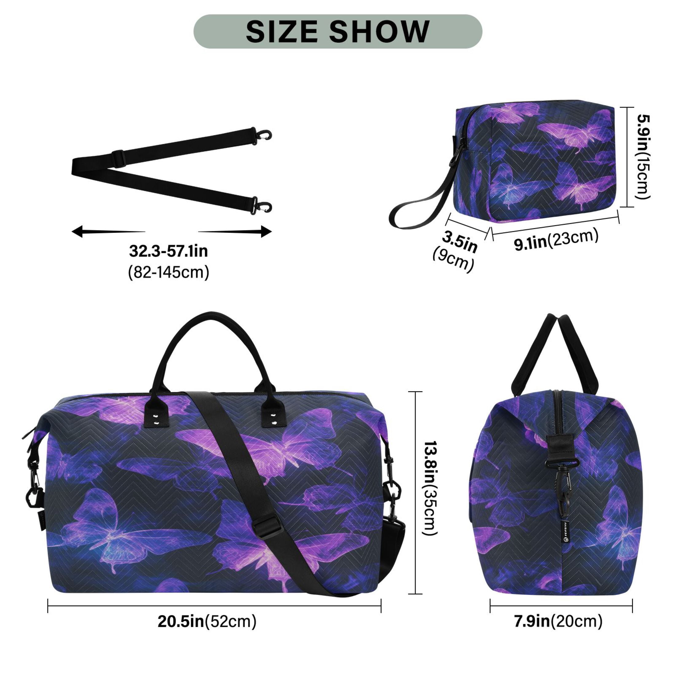 Travel Duffel Luggage Bag Sports Duffle Bag Gym Bag with Zipper Purple Glowing Butterflies