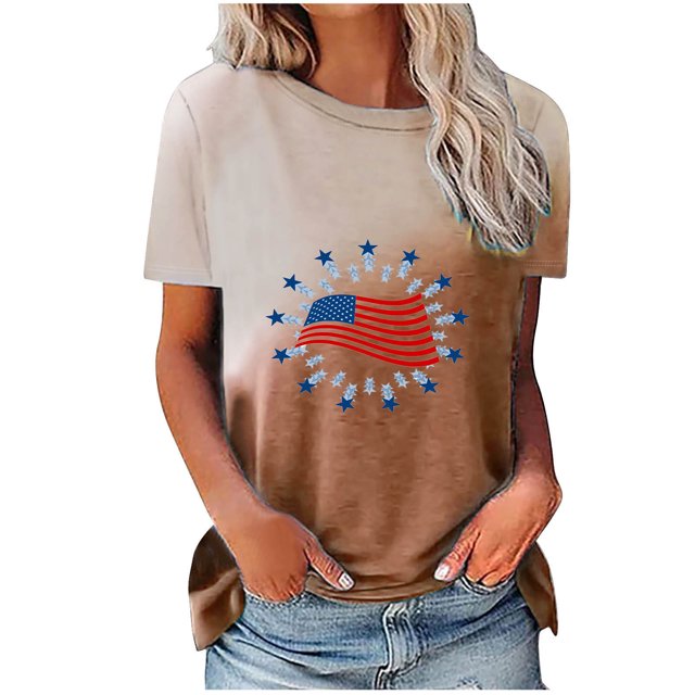 Camisetas Casuales de las Mujeres Que Cambian de Color Día de la Independencia Imprimir Cuello de la Tripulación, Novedad Gráfico Tops de las Mujeres Casuales