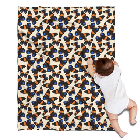 Beige Butterfly Blue Orange Pattern Blanket,Comfortable Soft Flannel Throw Blanket,All Season,Warm Lightweight Blankets for Sofa Bed Couch Living Room Chair,30"x40"