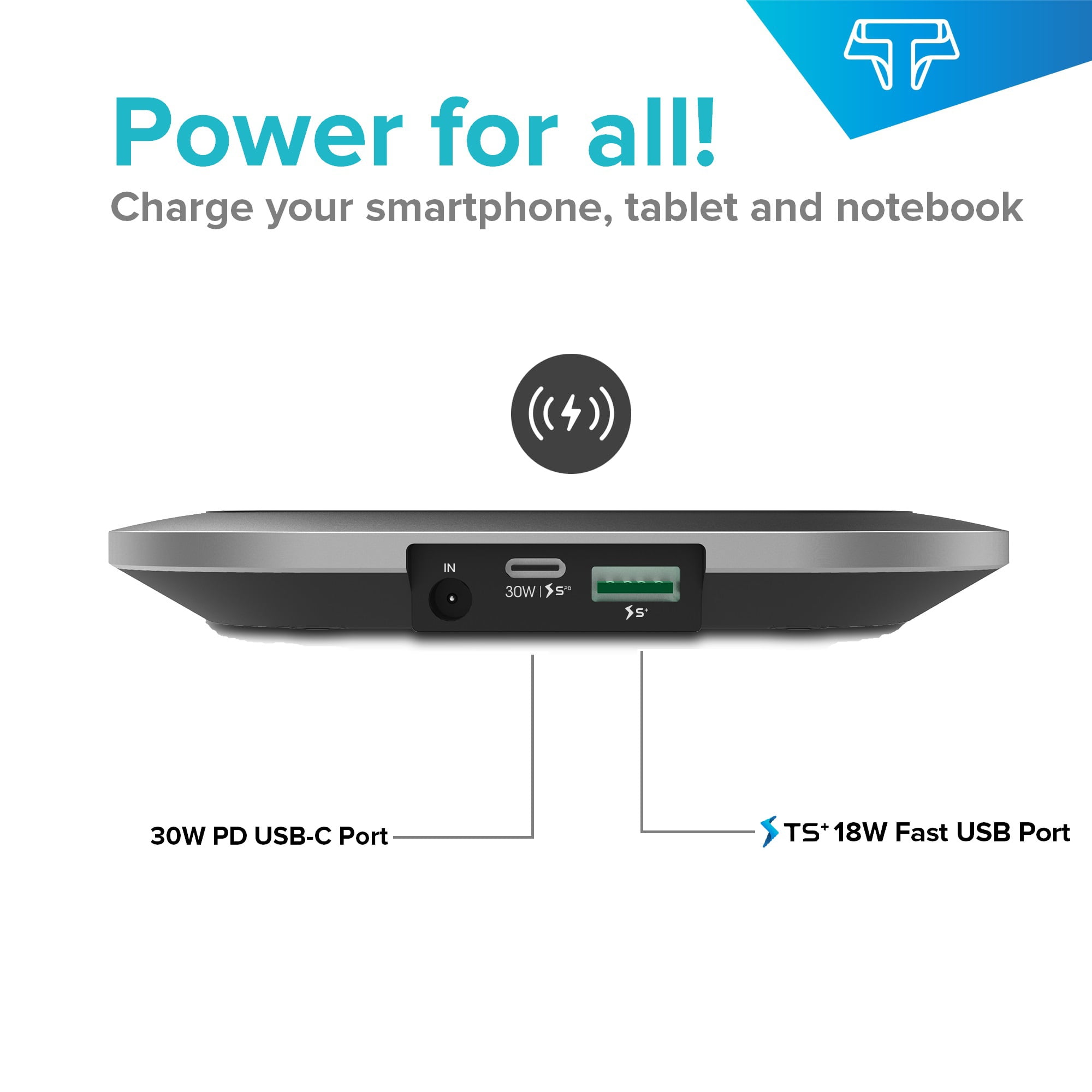 Techsmarter Qi Wireless Charger Pad with 30W Power Delivery USB C Port & 18W Fast Charing USB Ports. Compatible with iPhone, Samsung Galaxy, iPad, Androids, MacBook