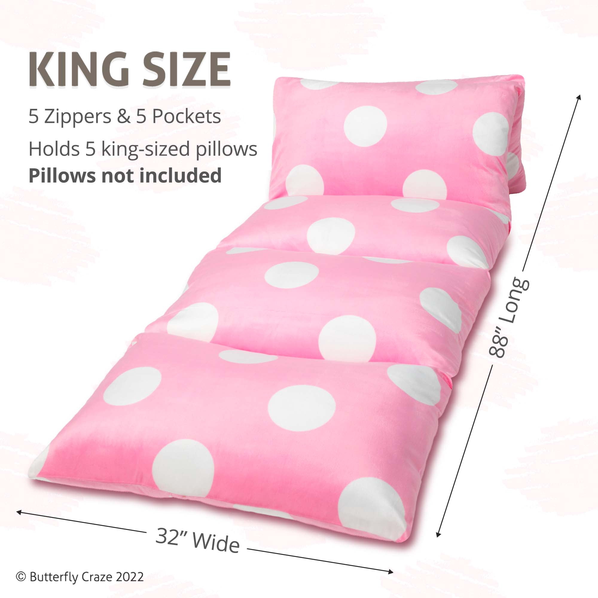 Butterfly Craze Floor Pillow Bed Lounger Cover, Cozy & Stylish Seating Solution for Kids & Adults, Recliner Floor Cushion for Ultimate Comfort, Holds 5 Pillows, Cover Only, Light Pink Polka Dot, King