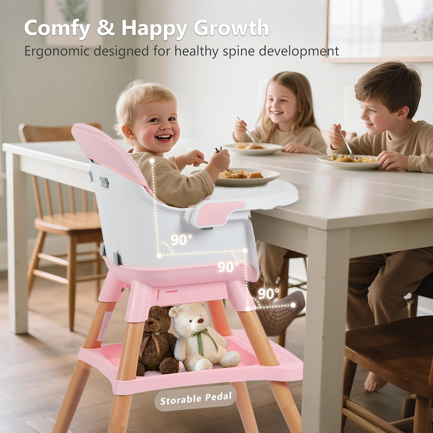LINLUX Wood Baby High Chair, 7 in 1 Convertible Highchair, Infant Feeding Chair, Toddler Chair Pink