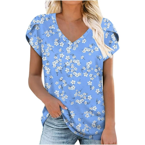 Cyber&Monday Deals USSUMA Plus Womens Tops Dressy Casual Women's Tops Petal Short Sleeve Summer T Shirts Loose Fit V Neck Casual Basic Tee Shirts Floral Print Tank Tops