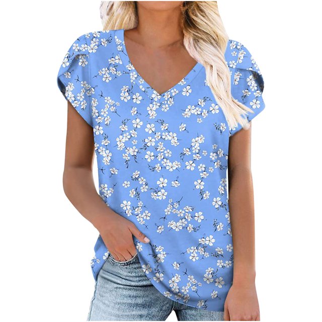 Pompotops T-Shirt à Col en V Imprimé à Manches Courtes pour Femme, Coupe Ample, Décontracté, Haut d'Été