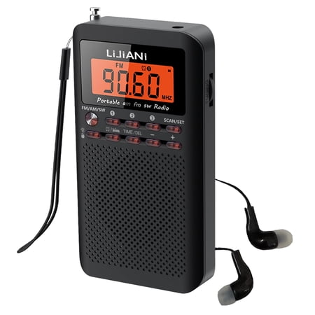 LC-dolida Portable Radio FM/AM/SW with Backlit LCD Screen Luminous Button Digital Alarm Clock and Sleep Timer, Powered AA Batteries Reception and Sound Quality for Walking and Running(Black)