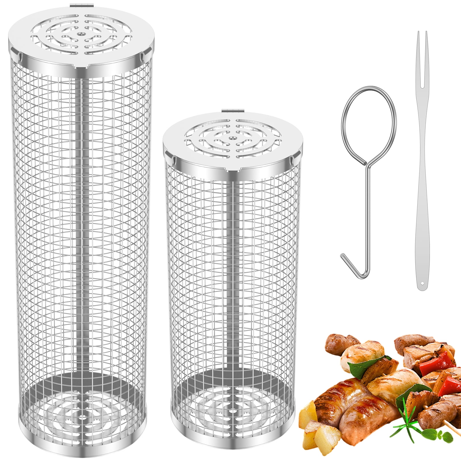 Jokapy 2 Pcs Rolling Grilling Basket, Round Stainless Steel BBQ Grill Mesh, 8 inch & 12 inch