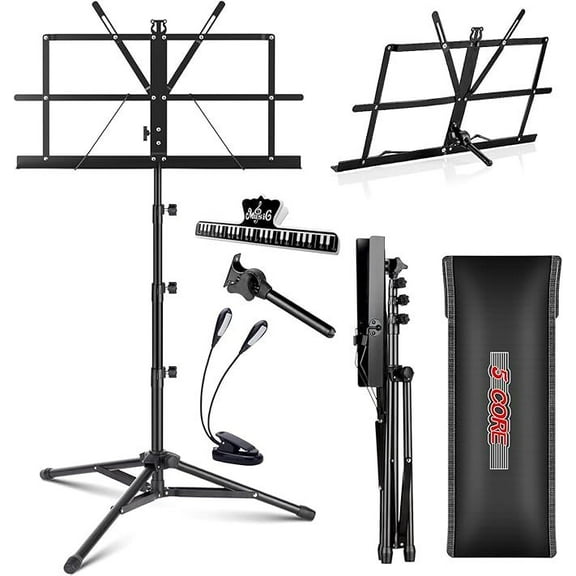 5Core Music Stand For Sheet Music Portable Tripod Adjustable Folding With Lights Note Holder BLACK
