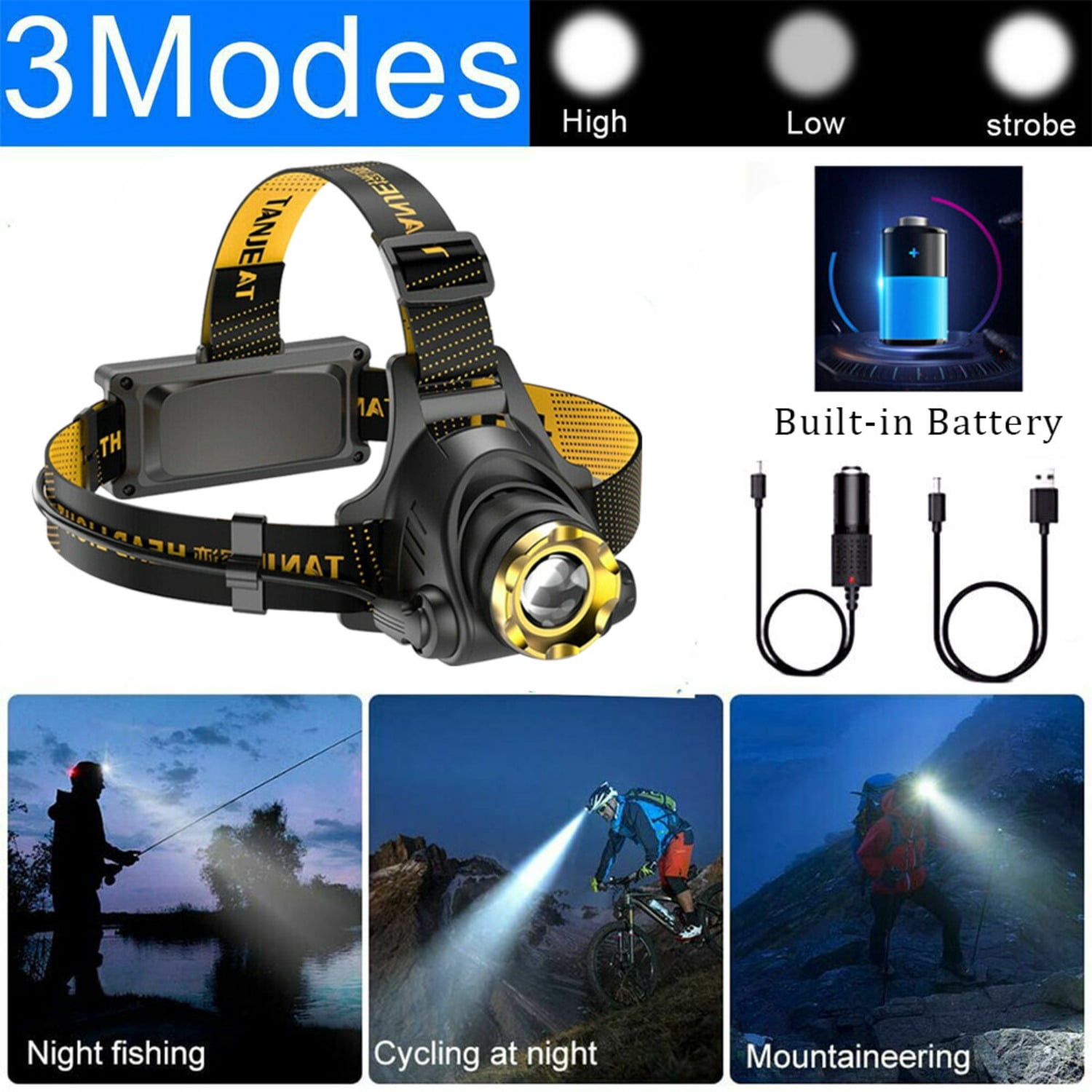 （2 Pack）USB Rechargeable LED Headlamp 3-Modes Adjustable Camping Hiking Headlight  W/Car Charger+USB Cable