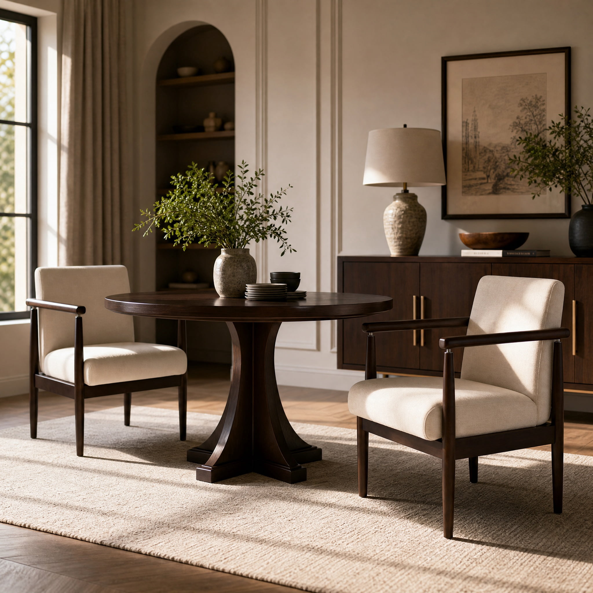 Set of 2 Mid-Century Modern Dining Arm Chairs, Fabric Upholstered Accent Chairs with Rubber Wood Frame, Walnut Finish & Beige Upholstery for Dining Room, Kitchen, Living Room