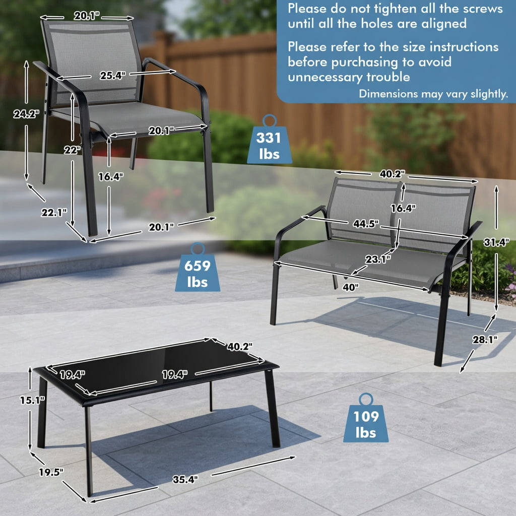 Hommoo 4-Piece Modern Outdoor Patio Furniture Set, Steel Frame with Tempered Glass Table, Loveseat & 2 Armchairs for Deck, Balcony or Backyard, Gray