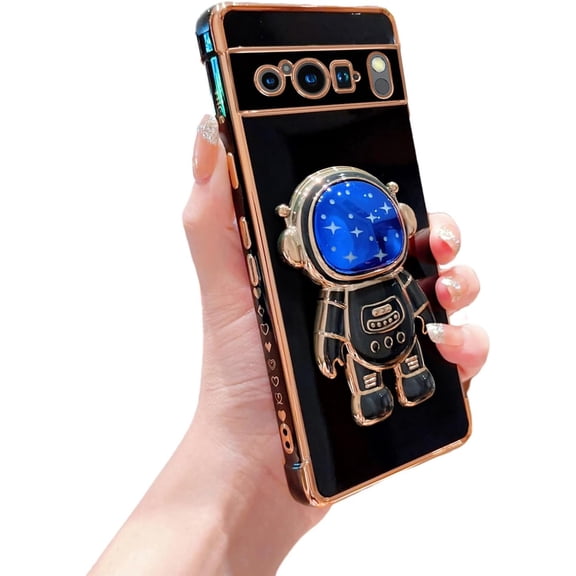 for Google Pixel 8 Pro Case for Women with Astronaut Kickstand Holder Cute Google Pixel 8 Pro Phone Case Shockproof Full Lens Protection Slim Fit Heart Case for Google Pixel 8 Pro 6.7" (Black)