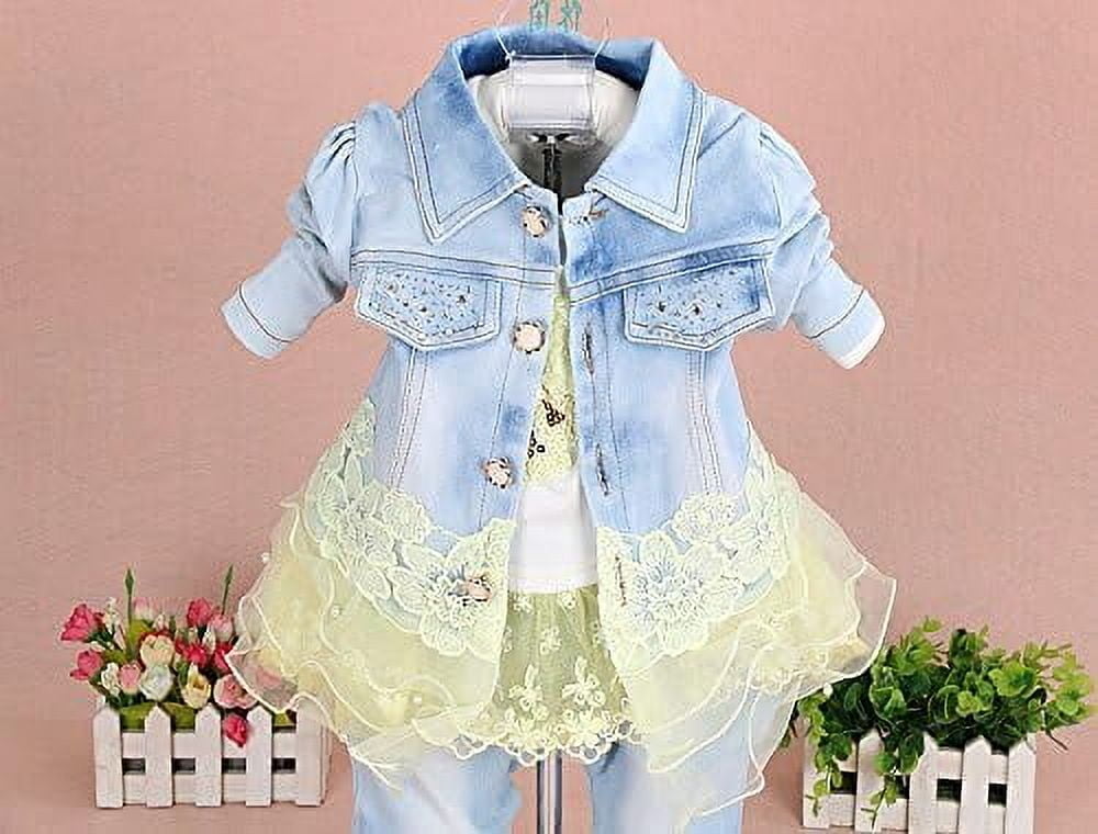 Baby Girls Denim Clothing Sets 3 Pieces Sets T Shirt Denim Jacket and Jeans,Yellow,2-3Years