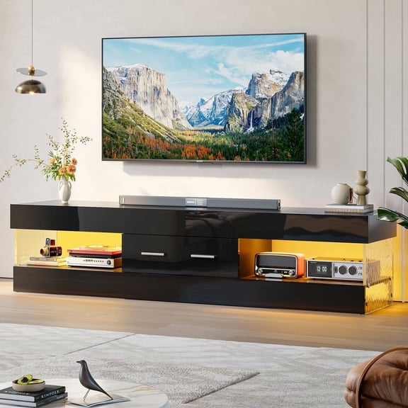 Bestier Black TV Stand for TVs up to 75", Modern Entertainment Center for TVs with LED Light, High Gloss TV Console Table with Storage Drawers