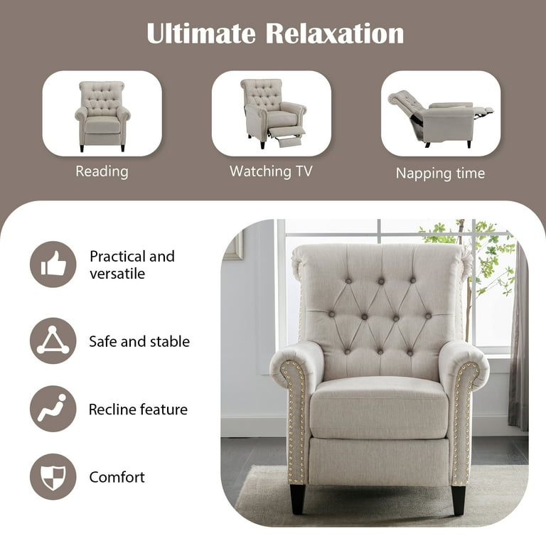 Pushback Linen Tufted Recliner Single Sofa with Nailheads Roll Arm for Living Room Bedroom Office Blue Walmart