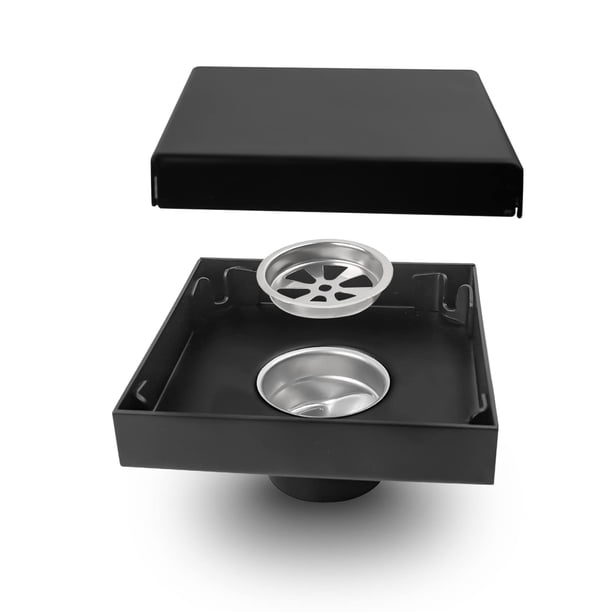 Desagüe de piso de acero inoxidable de 10 cm × 10 cm, desagüe de piso cuadrado negro, diseño invisible, orificio de drenaje de 40 mm de diámetro, antiinsectos y olores, para drenaje interior