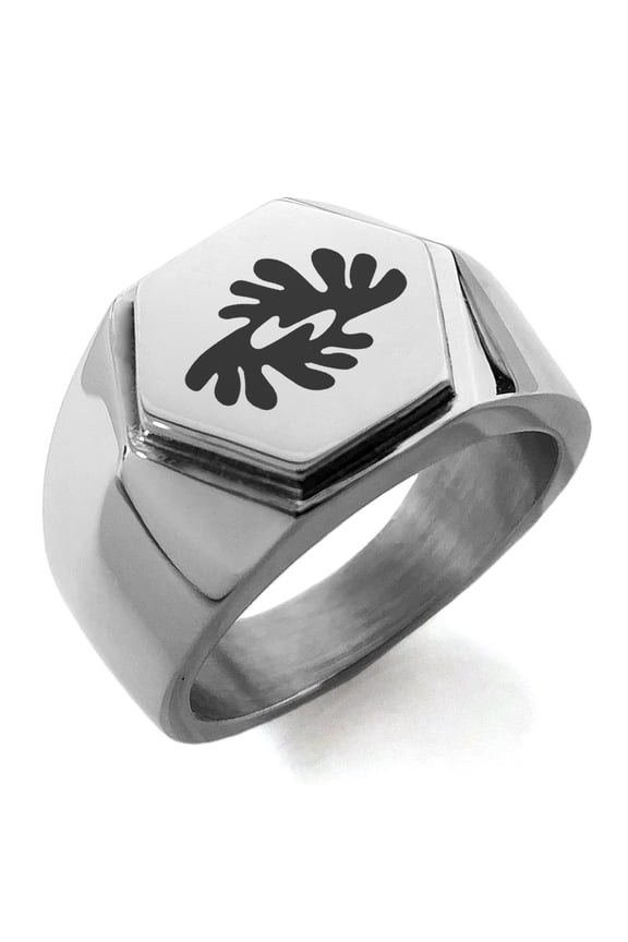 Stainless Steel Aztec Peace Rune Engraved Hexagon Crest Flat Top Biker Style Polished Ring