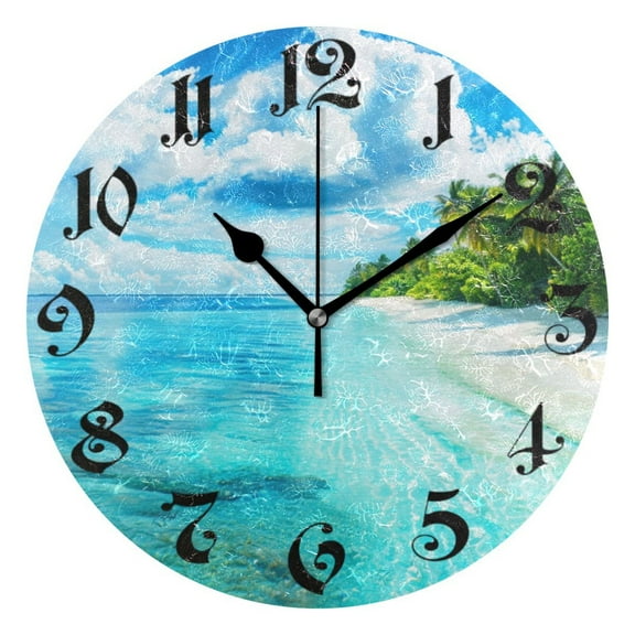 Silent Wall Clock Summer Beach 10" Non-Ticking Battery Clock Rustic Retro Home Decorative for Living Room Kitchen Bathroom