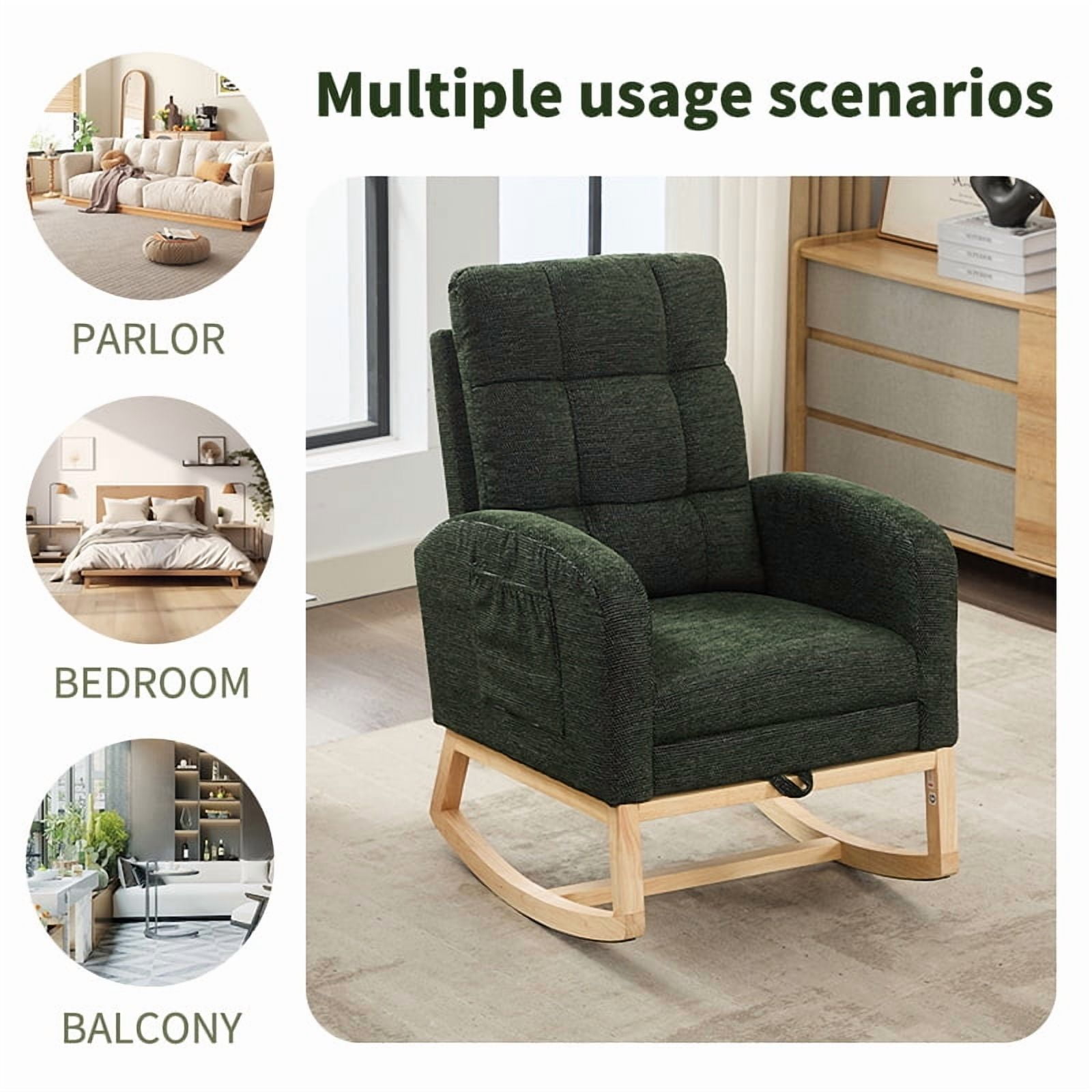 New Modern Accent Rocking Chair Rocking Chair with Solid Wood Legs, adjustable Footrest,Comfy Armchair with Side Pocket, Living Room Lounge Arm Chair with High Backrest