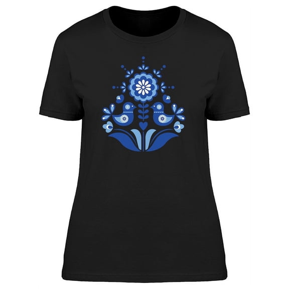 Cute Folk Birds Floral Doodle T-Shirt Women -Image by Shutterstock, Female Large