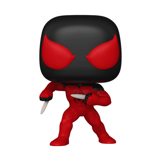 Funko Pop! Marvel: Scarlet Spider (Kaine) Vinyl Bobblehead with a large black head featuring red eyes, a red muscular body with a black spider emblem on the chest, and holding two white daggers. This collectible vinyl figure stands over three inches tall and suits action figure collections or bobblehead displays.