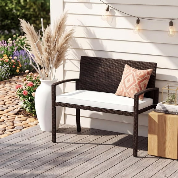 Costway 2-Person Patio Loveseat with Removable Seat Cushion Metal Frame Backrest Mix Brown/Off White