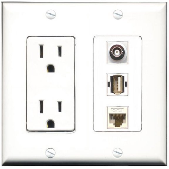 RiteAV - 15 Amp Power Outlet 1 Port USB A-A 1 Port BNC 1 Port Cat6 Ethernet Ethernet White Decorative Wall Plate