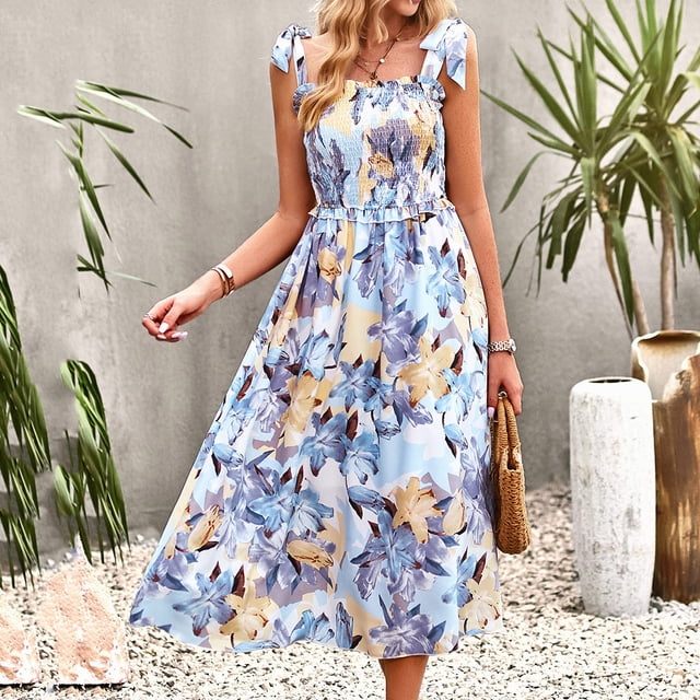 SMihono Robe Maxi Bohème d'Été pour Femmes Grande Taille Robe d'Été Imprimée Sans Manches Col Rond Sexy Robe Décontractée Fluide Robe de Plage