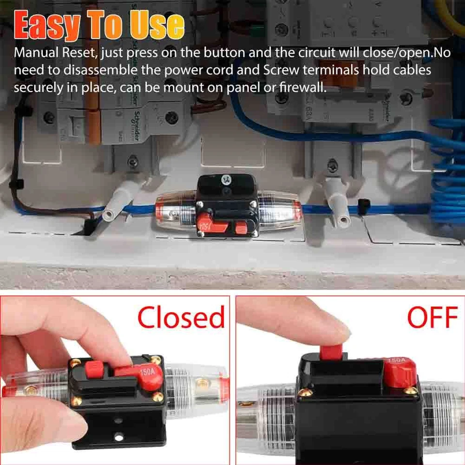 New Car Stereo Audio 12V Circuit Breaker Fuse Inline Fits 4 8 Gauge Wire 150 Amp