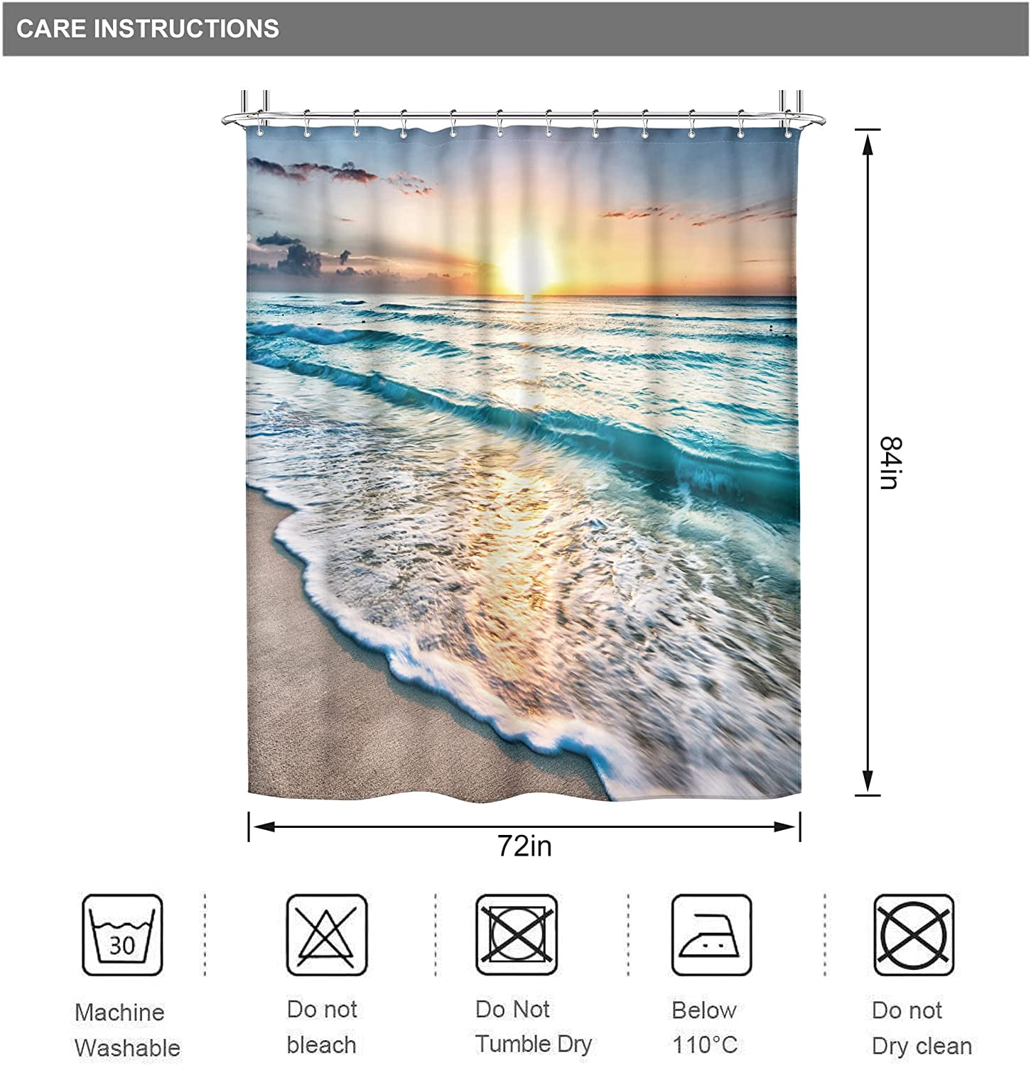 Ocean Coastal Hawaiian Sunrise Shower Curtain 72x84 Inch Sea Wave Summer Beach Seaside Scene Island Blue Fabric Set Waterproof 12 Pack Hooks BB-JWXP